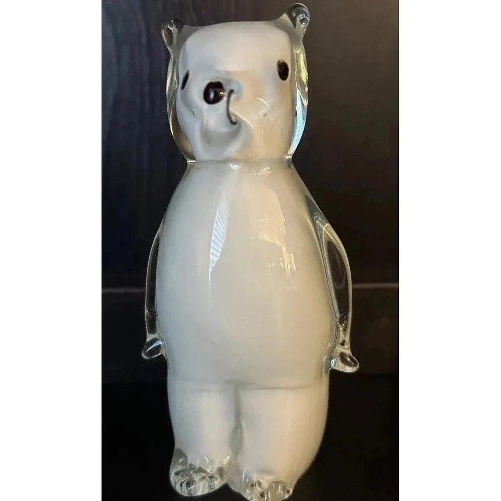 Art Encased Glass Polar Bear Hand‎ Blown Standing White Heavy 6" Decor Rare
